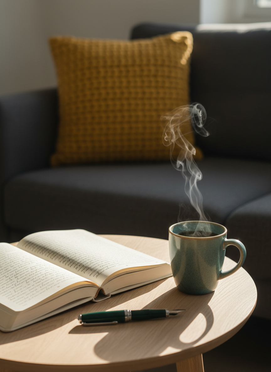 A close-up, photographic image of a softly lit corner of a counselling space, emphasizing details that suggest reflective conversation without showing people. An open, cloth-bound journal and a smooth, dark-green fountain pen rest on a round ash-wood side table, next to a mug of herbal tea releasing a faint wisp of steam. A textured mustard cushion sits on a charcoal-grey sofa just out of focus. Late-morning natural light falls diagonally from an unseen window, catching the steam and creating a gentle glow. Shot from a slightly elevated angle with shallow depth of field, the scene feels intimate, calm, and professional, evoking space for an initial chat and quiet self-exploration.
